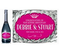 Personalised Silver Laurel Champagne Label - Birthday, Wedding, Engagement, Anniversary, Hen Night, Congratulations, or Any Occasion You Like (Silver/Pink)
