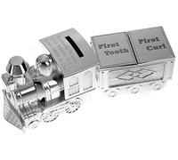 Personalised Silver Plated Train Money Box with Tooth & Curl Trinket Box Christening Gift for Boy or Girl, Custom Engraved Christening Gift, Baptism Gift, Christening Money Box Keepsake, Money Bank