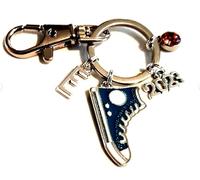 Personalised Silver & Red, Yellow, Blue or Green Enamel High Top Trainer Keychain with Initials, Year & Birthstone, Baseball, Basketball, Skateboarder, Tennis Shoe, All Star Keychain (Blue)