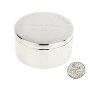 Personalised Silver Round Trinket Box with Lucky Sixpence, Wedding Gift with Custom Engraving
