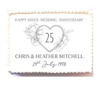 Personalised Silver Wedding Anniversary Cake Topper - A4 Rectangle - Edible Icing or Wafer Decoration - You Name Message Date - Silver Grey Heart Flowers (Edible Icing)