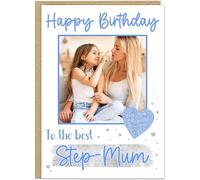Personalised Single Photo Birthday Card for Her Custom Name on Banner Add Your Own Picture Change Text Under Photo A5 Card for Mum Grandma Sister Nanna Auntie Friend (Blue)