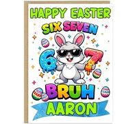 Personalised Six Seven Bruh Funny On Trend Easter Card Kids - Fun Dab Bunny Happy Easter Donut Bro Happy Easter Greetings - Custom Child's Name For Boy Girl - A5 Cards (Design 8)