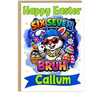 Personalised Six Seven Bruh Funny On Trend Easter Card Kids - Fun Dab Bunny Happy Easter Donut Bro Happy Easter Greetings - Custom Child's Name For Boy Girl - A5 Cards (Design 2)