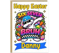 Personalised Six Seven Bruh Funny On Trend Easter Card Kids - Fun Dab Bunny Happy Easter Donut Bro Happy Easter Greetings - Custom Child's Name For Boy Girl - A5 Cards (Design 3)