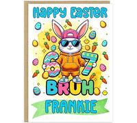 Personalised Six Seven Bruh Funny On Trend Easter Card Kids - Fun Dab Bunny Happy Easter Donut Bro Happy Easter Greetings - Custom Child's Name For Boy Girl - A5 Cards (Design 7)