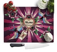 Personalised Skull Tattoo Chopping Board Custom Glass Worktop Saver Cutting Kitchen Surface Protector - 30 x 40cm Birthday Gift (Swallow Rose SH252)