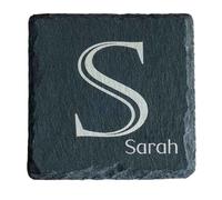 Personalised Slate Coaster - Custom Engraved Monogram Initial & Name - Natural Stone Drink Mat with Non-Slip Feet - Unique Housewarming, Wedding, Birthday Gift for Him & Her (10cm)
