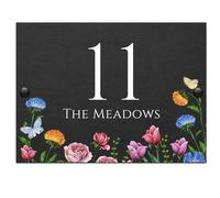 Personalised Slate House Sign with Floral Design - Custom Address Plaque 15x20cm - Outdoor Rustic Slate Door Number or Name Sign (The Meadows)