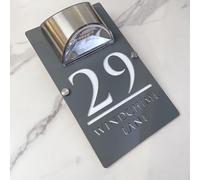 Personalised Solar LED House Number Sign - Custom Illuminated Door Plaque with Laser Engraving - Waterproof Acrylic Address Plate - Auto ON at Night for Home Wall, Fence or Gate (Gray white)
