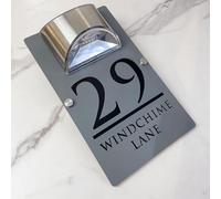 Personalised Solar LED House Number Sign - Custom Illuminated Door Plaque with Laser Engraving - Waterproof Acrylic Address Plate - Auto ON at Night for Home Wall, Fence or Gate (Gray black)
