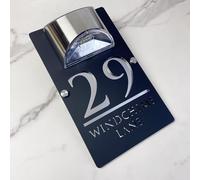 Personalised Solar LED House Number Sign - Custom Illuminated Door Plaque with Laser Engraving - Waterproof Acrylic Address Plate - Auto ON at Night for Home Wall, Fence or Gate (Black silver)
