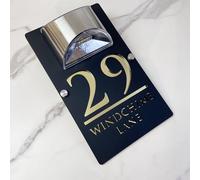 Personalised Solar LED House Number Sign - Custom Illuminated Door Plaque with Laser Engraving - Waterproof Acrylic Address Plate - Auto ON at Night for Home Wall, Fence or Gate (Black gold)