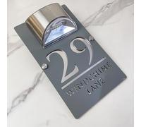Personalised Solar LED House Number Sign - Custom Illuminated Door Plaque with Laser Engraving - Waterproof Acrylic Address Plate - Auto ON at Night for Home Wall, Fence or Gate (Gray silver)