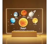 Personalised Solar System Plaque for Family, Custom Keepsake with Kids Names & Dates, Engraved Acrylic Sign with Illuminated Wooden Base, Personalised Gift for Teacher Mum Dad