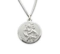 Personalised Solid 925 Sterling Silver 16mm Diamond Cut Round St Christopher Medal Pendant With Optional 1.4mm Wide Diamond Cut Curb Chain In Gift Box (available in 16" to 24")