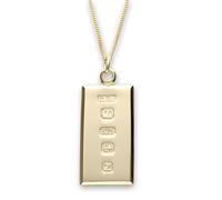 Personalised Solid 9ct Yellow Gold Small Ingot Pendant With Custom Hallmark 20mm x 10mm and Optional 1.1mm Wide Diamond Cut Curb Chain In Gift Box (available in 14" to 24")