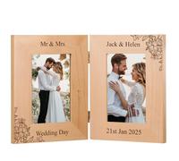 Personalised Solid Oak Double Photo Frame, 6x4 inch, Any Occasion, Wedding, Anniversary Orchid Flowers