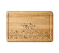 Personalised Solid Wood Chopping Board 30 x 20 cm - Custom Laser Engraved Kitchen Gift - Wildflower Meadow Design