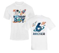 Personalised Space Birthday Boy T Shirt with Name and Age Rocket Astronaut Design Kids White 5-6 Years Style 1