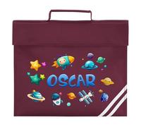 Personalised Space Book Bag for Boys Alien Rockets Planets Custom Name Return to School Nursery Kids Bag, One Size, Burgundy