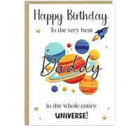 Personalised Space Daddy Happy Birthday Card - Custom Name Of Choice Best Dad In The Universe Planets Rocket Stars - A5 Greeting Cards for Him