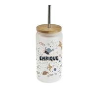 Personalised Space Dinosaur Adventure, Perfect Kindergarten & Preschool Gift for Kids, Frosted Glass Tumbler 18 OZ with Bamboo Lid and Silver Straw, Glass Can, Wide Mouth Jar for Drinks.