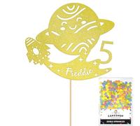 Personalised Space Rocket Planet Glitter Cake Topper Champagne Any Custom Age & Name Glitter Cake Decoration and Sprinkles - Happy Birthday Decorations - Personalised Toppers for Cakes by Cakeshop