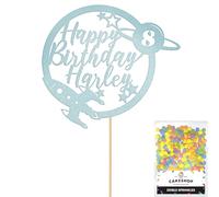 Personalised Space Rocket Planet Glitter Cake Topper Lt Blue Any Custom Age & Name Glitter Cake Decoration and Sprinkles - Happy Birthday Decorations - Personalised Toppers for Cakes by Cakeshop