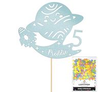 Personalised Space Rocket Planet Glitter Cake Topper Lt Blue Any Custom Age & Name Glitter Cake Decoration and Sprinkles - Happy Birthday Decorations - Personalised Toppers for Cakes by Cakeshop