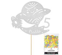 Personalised Space Rocket Planet Glitter Cake Topper Silver Any Custom Age & Name Glitter Cake Decoration and Sprinkles - Happy Birthday Decorations - Personalised Toppers for Cakes by Cakeshop