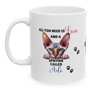 Personalised Sphynx Cat Coffee Mug, White Ceramic, 'All You Need is Love' Design with Paw Prints, Cat Lover