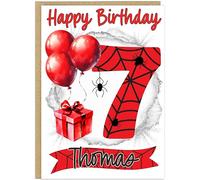 Personalised Spider Theme Happy Birthday Cards for Kids - Choose From Age 1-9 Add Child's Name Cute Spider Web Balloon Gift Design A5 Size (Age 7)