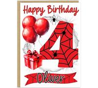 Personalised Spider Theme Happy Birthday Cards for Kids - Choose From Age 1-9 Add Child's Name Cute Spider Web Balloon Gift Design A5 Size (Age 4)