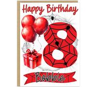 Personalised Spider Theme Happy Birthday Cards for Kids - Choose From Age 1-9 Add Child's Name Cute Spider Web Balloon Gift Design A5 Size (Age 8)