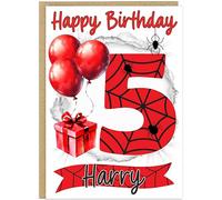 Personalised Spider Theme Happy Birthday Cards for Kids - Choose From Age 1-9 Add Child's Name Cute Spider Web Balloon Gift Design A5 Size (Age 5)