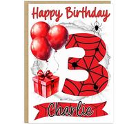 Personalised Spider Theme Happy Birthday Cards for Kids - Choose From Age 1-9 Add Child's Name Cute Spider Web Balloon Gift Design A5 Size (Age 3)