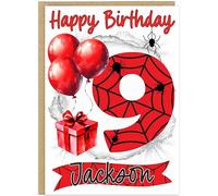 Personalised Spider Theme Happy Birthday Cards for Kids - Choose From Age 1-9 Add Child's Name Cute Spider Web Balloon Gift Design A5 Size (Age 9)