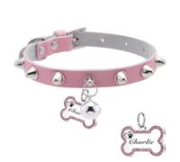 Personalised Spiked Dog Collar with Custom Carved Bone ID Tag Nail Buckle PU Leather Pet Collar with Bell Suitable for Dogs Cats (Pink,One-size)