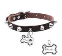 Personalised Spiked Dog Collar with Custom Carved Bone ID Tag Nail Buckle PU Leather Pet Collar with Bell Suitable for Dogs Cats (Black,One-size)