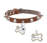 Personalised Spiked Dog Collar with Custom Carved Bone ID Tag Nail Buckle PU Leather Pet Collar with Bell Suitable for Dogs Cats (Brown,One-size)
