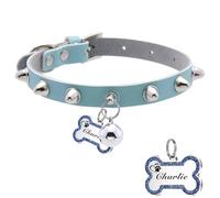 Personalised Spiked Dog Collar with Custom Carved Bone ID Tag Nail Buckle PU Leather Pet Collar with Bell Suitable for Dogs Cats (Blue,One-size)