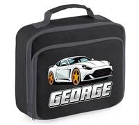 Personalised Sports Car Kids Lunch Bag Custom Fast Driving Cars Lunchbox for Back to Nursery School, 24cm x 20cm x 8cm, Black