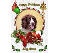 Personalised Springer Spaniel Dog Christmas Card (White, Happy Christmas, Any Name) - Custom Xmas Card for Him or Her Male Female Kids Boys Girls