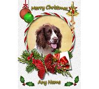Personalised Springer Spaniel Dog Christmas Card (White, Merry Christmas, Any Name) - Custom Xmas Card for Him or Her Male Female Kids Boys Girls