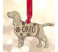 Personalised Springer Spaniel Dog Christmas Tree Bauble Decoration, Wearing a Dog Jumper Design with Snowflakes, Customised Puppy Hanging Ornament, Oak Veneer Wood with Red Ribbon
