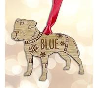 Personalised Staffy Dog Christmas Tree Bauble Decoration, Wearing a Dog Jumper Design with Snowflakes, Customised Puppy Hanging Ornament, Oak Veneer Wood with Red Ribbon
