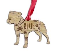 Personalised Staffy Dog Christmas Tree Bauble, Jumper with Snowflakes Design, Oak Veneer Wood or White Wood Decoration with Red Ribbon (Oak Veneer, Decoration Only)