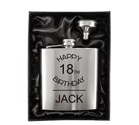 Personalised Stainless Steel 6oz Hip Flasks in a Black Lined Satin Gift Box + Funnel (Design 1)