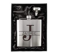 Personalised Stainless Steel 6oz Hip Flasks in a Black Lined Satin Gift Box + Funnel (Design 4)